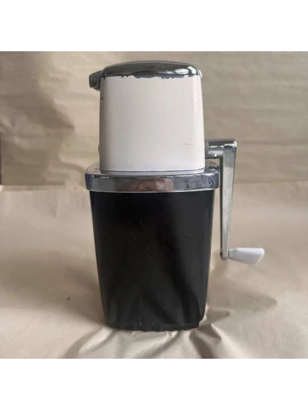 Vintage Counter Top Ice Crusher Hand Crank MCM Retro Kitchen Ivory Black Silver
